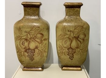 Pair Of Ceramic Vases With Crackle Fruit Design On Both Sides