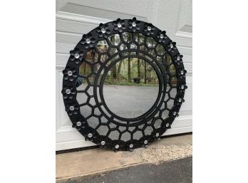 Black Metal Round Wall Mirror With Daisy & Crystal Design In A Full Circle