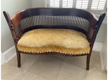 Loveseat:  Antique Wood With Gold Velvet Upholstery Spring Cushion.