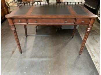 Vintage Desk With Metal Railing Trim And Leather Deskpads On Top, 3 Drawers.