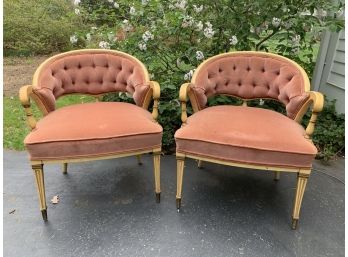 Pair Of Edwardian Style Carved Wood & Salmon  Velvet Tufted Chairs