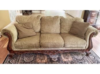 Traditional Velvet Sage Sofa With Wood Carved Accents