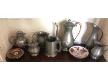 Pewter Lot And Three Saucers