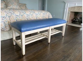 Distressed White Painted Bench With Blue Leather Top
