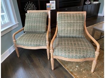 Custom Upholstered Carved Wood  Arm Chairs Pair