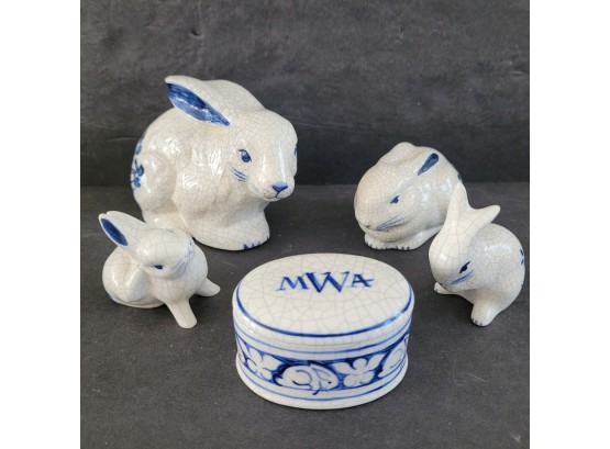 Vintage Blue And White Crackle Pottery Rabbits USA