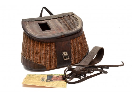 Vintage Straw And Leather Fishing Basket