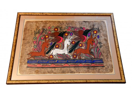 Framed Mexican Folk Art Painting On Amate Bark Paper Of Horses And Birds