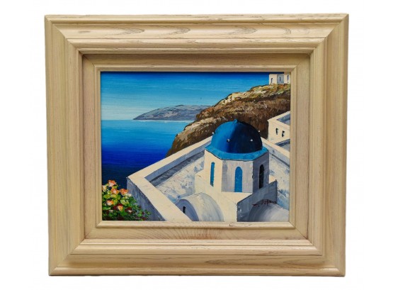 Framed Oil On Canvas Seascape Of The Greek Island Santorini