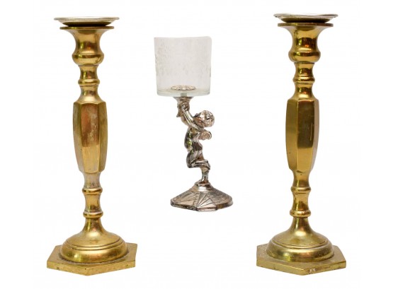 Vintage Cherub Votive Candle Holder And A Pair Of Brass Candlestick Holders