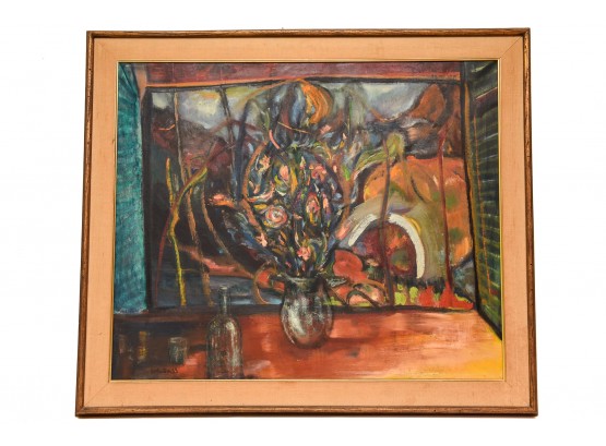 Framed Signed DeMartie Oil On Canvas Of Abstract Vase And Flowers Painting