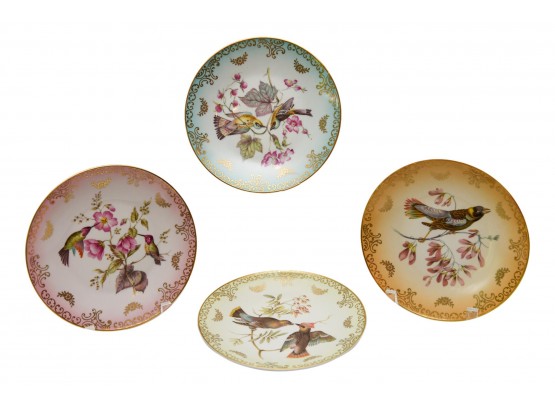 Set Of Four Mitterteich Bone China Dessert Plates With Hand Painted Bird Detailing