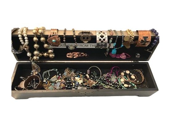Collection Of Assorted Jewelry In Box With Brass Hinge
