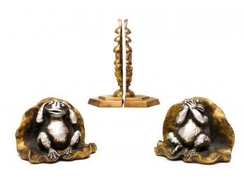 Artisan Frog Resin Bookends And Brass Lotus Bookends