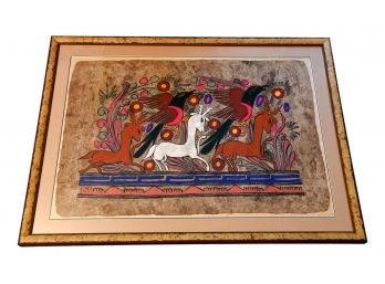 Framed Mexican Folk Art Painting On Amate Bark Paper Of Horses And Birds