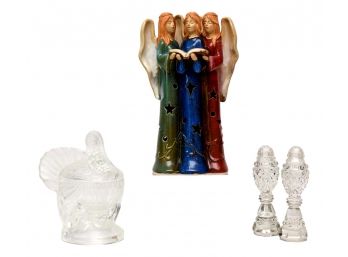 Nantucket Ceramic Christmas Tree Angels, Glass Covered Turkey Figurine, Salt And Pepper Shakers