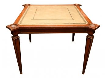 Vintage Card Table With Leather Top And Copper Inserts