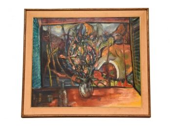 Framed Signed DeMartie Oil On Canvas Of Abstract Vase And Flowers Painting