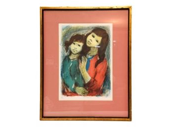 Framed Signed Waslventi Amster (?) Ink And Pastel Painting Of Two Young Girls Numbered 11/150