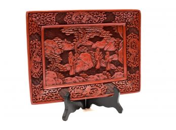 Chinese Cinnabon Carved Wood Plaque With Stand
