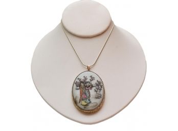 Antique Chinese Porcelain Pendant In Oval Bezel With 925 Italy Chain