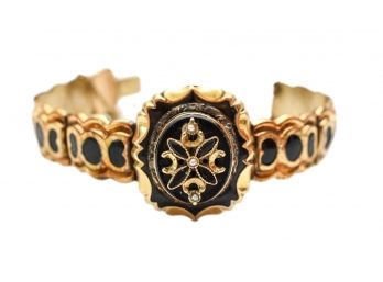 Antique Victorian 14k Yellow Gold Enamel Onyx Panel Bracelet With Seed Pearls