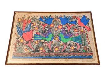 Framed Mexican Folk Art Painting On Amate Bark Paper Of Birds