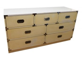 Mid Century White Lacquer Campaign Style Seven Drawer Dresser