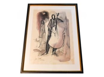 Framed Signed Jose(?) 2002 Abstract Charcoal Watercolor On Paper Of A Cellist