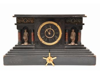 Vintage E. Ingraham Co. Eight Day Mechanical Wooden Mantel Clock With Key