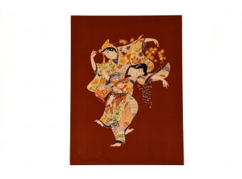 Midcentury Japanese Paint On Cloth Of Two People In A Dance Scene