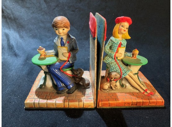 1960s Book Ends Girl And Boy French Bistro Signed Earl Bernard
