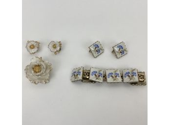 Porcelain Floral Jewelry Sets Pin Earrings Bracelet
