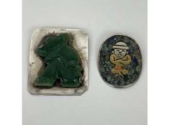 Lot Of 2 Vintage Mexican Silver Pins Jade