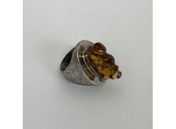 Unusual Carved Amber Ring Set In 900 Silver, So Striking!