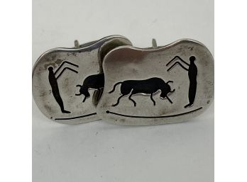 Sterling Silver Mexican Cuff Links With Prehistoric Motif