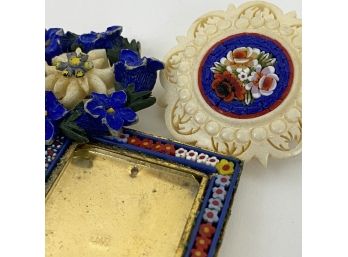 Vintage Carved And Micromosaic Pins And Frame