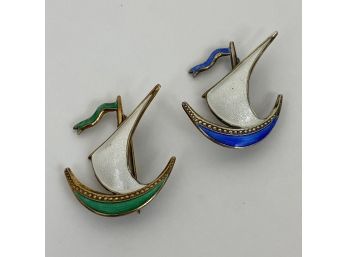 Pair Of Ship Pins, Enamel Over Sterling With Gilt Wash Norway