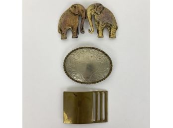 Lot Of 3 Belt Buckles Elephants, Brass