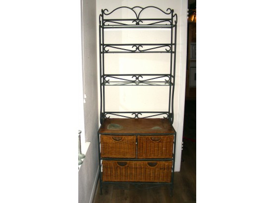 Metal Baker's Rack With Wicker Drawers And Glass Shelves