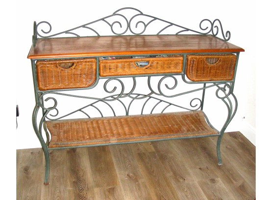 Metal Sideboard With Wood Top And Wicker Drawers And Shelf