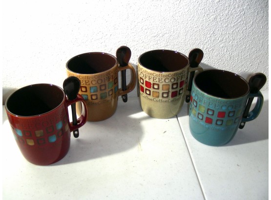 Set Of 4 New, In The Box, Mr Coffee Mugs With Spoons That Hang On The Handles
