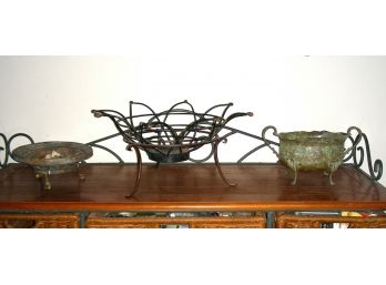 Lot Of 3 Decorative Metal Items - Bowl With Smooth Stones, Plant Stand, Bowl With Handles