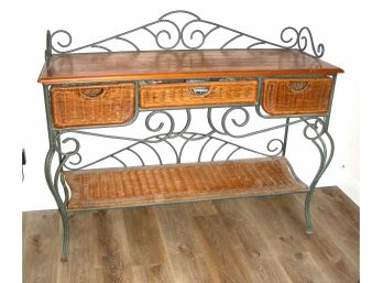 Metal Sideboard With Wood Top And Wicker Drawers And Shelf