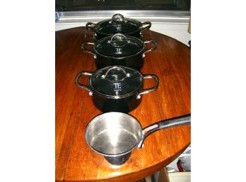 Cookware: 3 Todd English Pots With Lids And 1 Farberware Pot