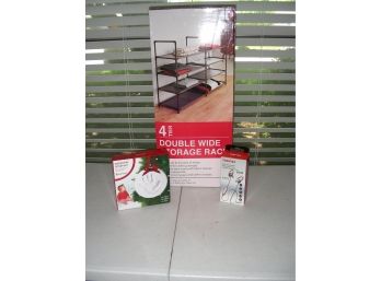 Lot Of 3 Boxes: Four Tier Storage Rack, Baby Hand Print Ornament, Toshiba AirFit2 Earphones
