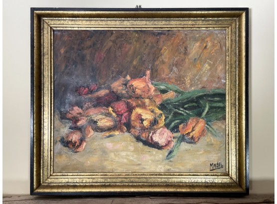 An Antique Oil On Canvas Still Life, Signed Madel, In Period Gilt Wood Frame
