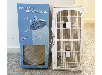 A Box Fan And Rainfall Showerhead