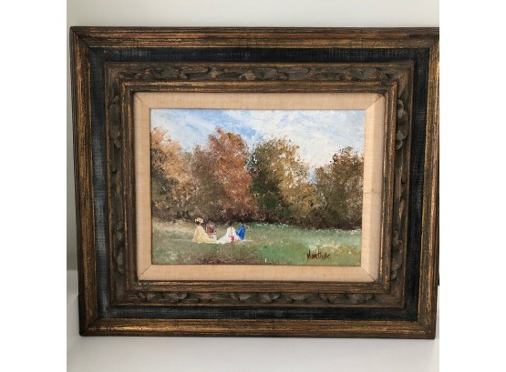 Vintage Signed Oil Painting - Picnic In The Park- Impressionist Style