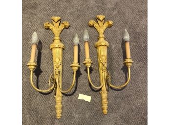Federal Style Gilt Wood And Metal Double Light Sconces - A Pair